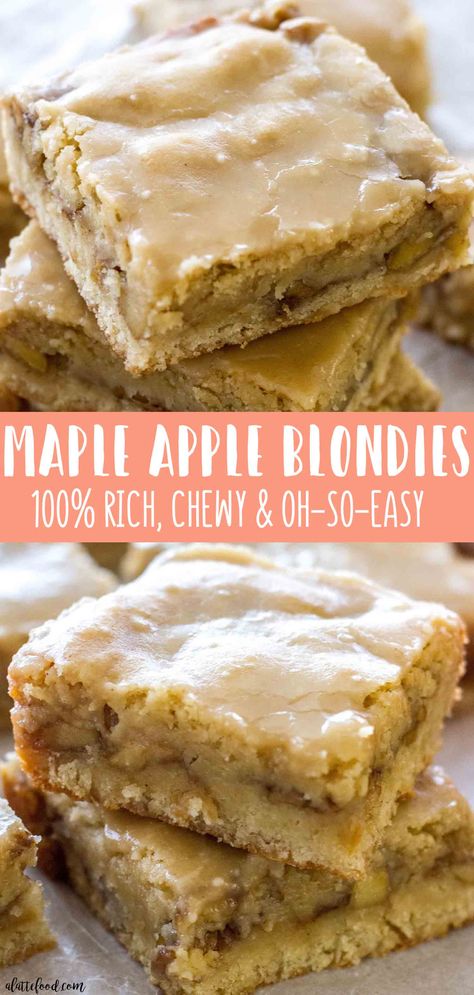 These chewy Maple Glazed Apple Blondies taste like sweet apple pie with a warm maple icing! This homemade apple blondie recipe is the perfect fall dessert! It’s easy, super flavorful, and always a crowd pleaser! Maple Apple Blondies are one of the easiest desserts! #fall #apple #maple #dessert #recipe Apple Blondies Recipe, Desserts Fall, Easiest Desserts, Apple Blondies, Maple Icing, Blondie Recipe, Smores Dessert, Apple Maple, Blondies Recipe