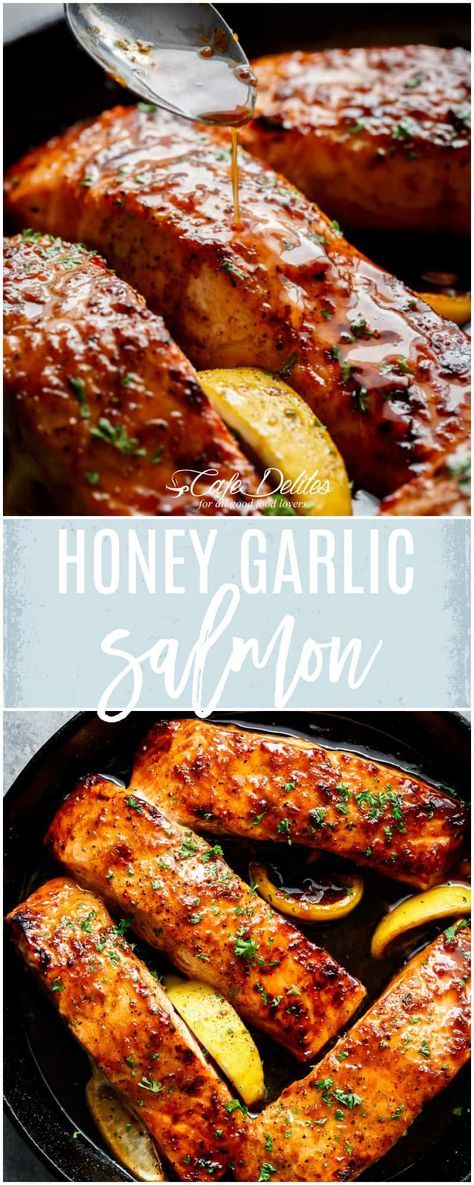 Easy Honey Garlic Salmon, Honey Salmon Recipes, Cook Broccoli, Parmesan Salmon, Sauce For Salmon, Honey Garlic Salmon, Honey Salmon, Crispy Garlic, Cafe Delites