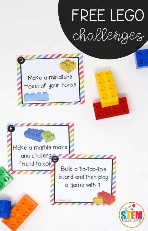 This giant collection of LEGO challenge cards is a simple prep, fun way to sneak some STEM (science, technology, engineering and math) learning into the day. With cards that range from easy to difficult, little engineers will love tackling the designs. Grab your copy below and then hop over to join The Plato Pack so you can download ALL […] Lego Challenge Cards, Engineering Activities For Kids, Lego Stem Challenge, Kindergarten Stem Activities, Math Stem Activities, Lego Engineering, Lego Stem, Lego Therapy, Stem Activities Kindergarten