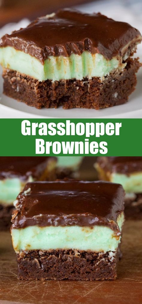 Grasshopper Brownies - fudgy brownies with minty butter cream frosting and topped with a chocolate ganache. Grasshopper Brownies, Blonde Recipes, Pan Bars, Brownies Fudgy, Glitter Furniture, Butter Cream Frosting, Resep Brownies, Mint Brownies, Fudgy Brownie