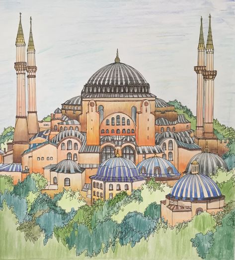 Landmarks of the World: Hagia Sophia Hagia Sophia Painting, Hagia Sophia Drawing, Mosque Drawing, Landmarks Of The World, Byzantine Army, Hagia Sofia, Seamless Knitting Patterns, Aya Sofia, Turkey Art