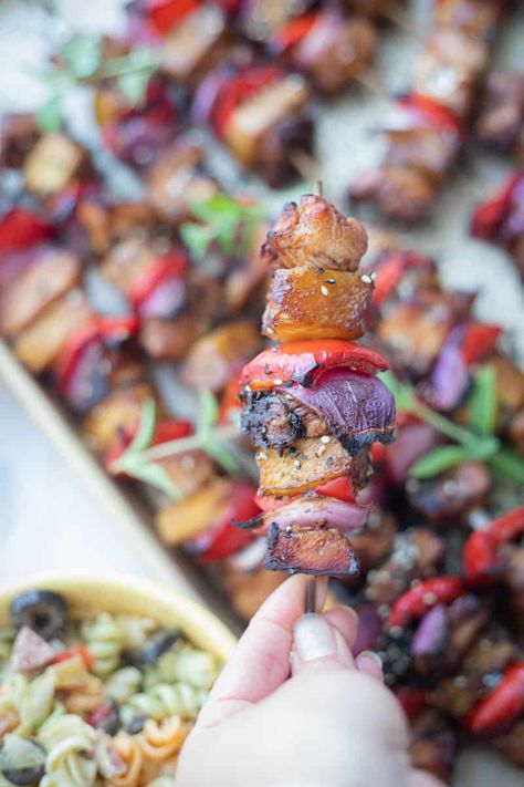 Traeger Chicken Kabobs - The Hangry Economist Traeger Chicken Thighs, Trailer Recipes, Traeger Chicken, Hawaiian Chicken Kabobs, Chicken Pineapple, Grilled Chicken Kabobs, Grill Time, Hawaiian Chicken, Chicken Kabobs