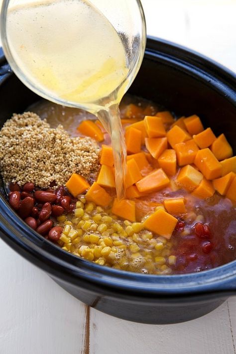 Crockpot Butternut Squash, Chicken, and Quinoa Soup | Chelsea's Messy Apron Crockpot Butternut Squash, Taco Season, Cream Onions, Butternut Squash Chicken, Slow Cooker Butternut Squash, Chicken And Quinoa, Healthy Breakfast Bowl, Butternut Squash Chili, Soup Chili