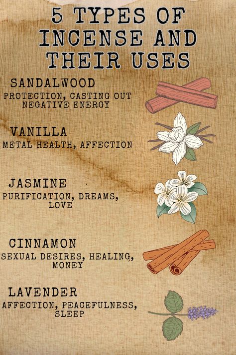 🌿 It's time to get lit! 🔥🙌 Discover the mystical world of incense and its unique usage. From meditation to purification, explore the 5 different types of incense and their powerful benefits. 🔮 Follow me for more enlightening content and awaken the magic within! ✨ #incense #mindfulness #spirituality #witch #witchcraft #sandalwood #vanilla #jasmine #cinnamon #lavender #herbs #homeandliving #allnatural #bookofshadows Sandalwood Witchcraft Uses, Incense For Witchcraft, Different Herbs And Their Uses Witchcraft, Incense And Their Properties, Patchouli Incense Witchcraft, Types Of Incense Meanings, Incense Witchcraft Uses, Incense Sticks Meaning, Incense For Healing