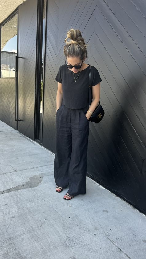 Black Outfits Work Casual, Black Linen Drawstring Pants Outfit, Casual Wide Leg Black Pants Outfit, Black Linen Straight Pants Outfit, Black Linen Culottes Outfit, Black Pants Black Top Outfit, Black Linen Top Outfit, Black Trousers Outfit Casual Summer, Black Summer Pants Outfit