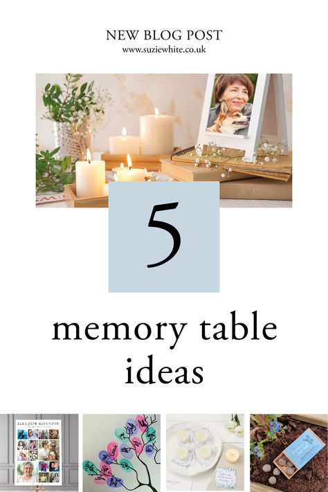 Photo for a new blog post about creative ideas for a Memory Table for a celebration of life event. The pin shows a photo of a lady surrounded by lit candles, plus smaller images of a photo board, a fingerprint tree, some seeds and tea lights. Celebration Of Life Memorial Photo Display, Ideas For A Memorial Table, Celebration Of Life Memorial Ideas Grandma, Picture Ideas For Memorial Service, Share A Memory Ideas, Celebration Of Life On A Budget, Decorating For Celebration Of Life, Celebration Of Life Party Decorations Centerpieces, Decorating Ideas For Celebration Of Life