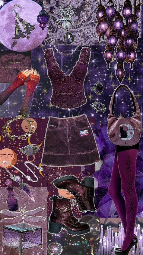 purple whimsigothic outfit #outfit #outfitinspo # purple #top #skirt #purse #boots #ring #bracelet #necklace #earrings #jewelry #whimsigoth #90s #goth #alternative #beaded #witch #charmed Purple Whimsigothic, Whimsigoth 90s, 90s Goth, Purple Top, Bracelet Necklace, Necklace Earrings, Earrings Jewelry, Ring Bracelet, Witch