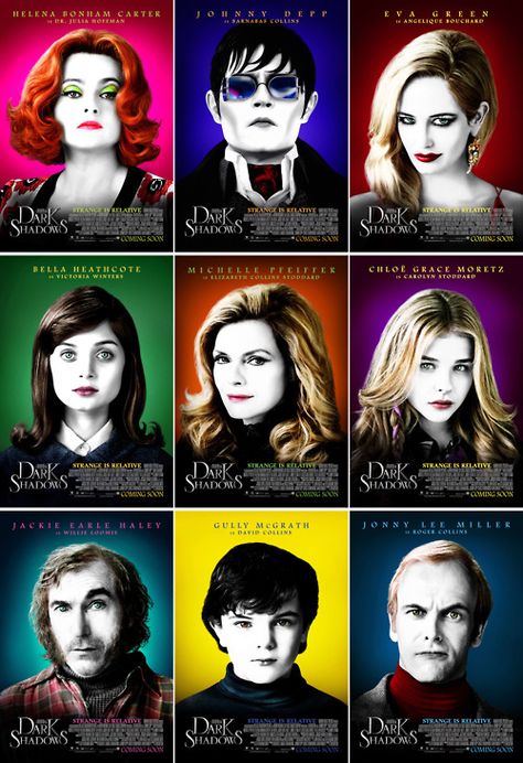 Main characters in dark shadows Dark Shadows 2012, Dark Shadows Movie, Tim Burton Johnny Depp, Tim Burton Films, Tim Burton Movie, The Lone Ranger, Edward Scissorhands, Sweeney Todd, Bonham Carter