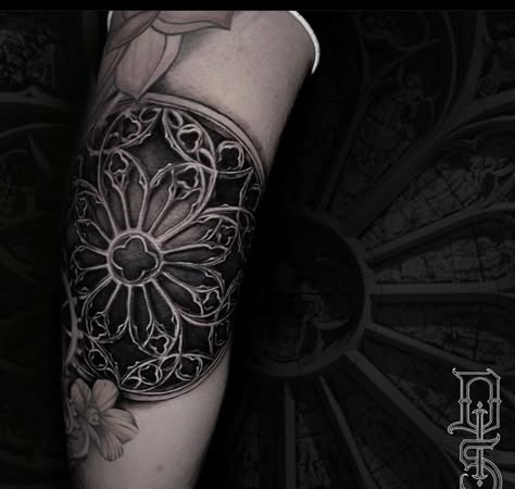 Rose Window Tattoo Design, Rose Window Tattoo, Architectural Tattoo, Where Tattoo, Full Leg Tattoos, Hand And Finger Tattoos, Elbow Tattoos, Half Sleeve Tattoos For Guys, Bicep Tattoo