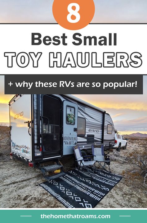 Small toy hauler campsite set up out in the desert. Small Toy Hauler Remodel, Toy Haulers, Pull Behind Trailer, Toy Hauler Rv, Toy Hauler Travel Trailer, Lightweight Campers, Toy Hauler Trailers, Toy Hauler Camper, Camping For Beginners