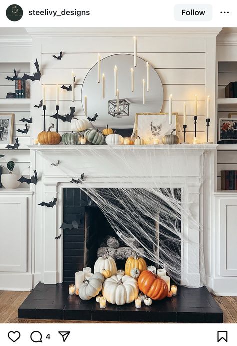 21 Halloween Mantel Decorating Ideas - finding mandee Halloween Decorated Mantels, Mantel Halloween Decorations, Halloween Mantel Decorating Ideas, Skeleton Decorations Outdoor, Living Room Makeovers, Traditional Fall Decor, Halloween Mantel Decor, Mantel Decorating Ideas, Mantel Decor Ideas