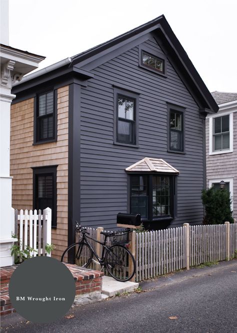 12 Dark Exterior Paint Colors We're Loving-In Action! - Chris Loves Julia Dark Exterior House Colors, Dark Exterior House, Benjamin Moore Wrought Iron, Steel Homes, Benjamin Moore Exterior, Awesome Houses, Clapboard Siding, Gray House, Dark House