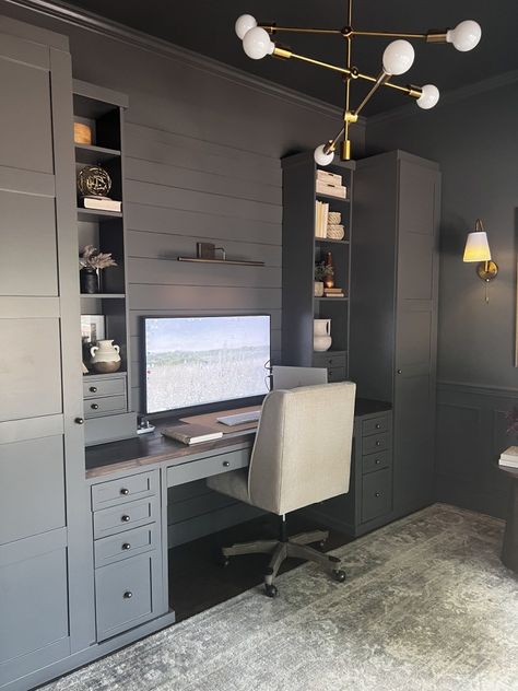 Ikea Moody Office Hack - Home on Mount Forest Ikea Wardrobe Office Hack, Diy Office Built Ins With Desk Ikea, Moody Green Home Office, Moody Basement Office, Built Ins For Office, Ikea Home Office Hacks, Ikea Office Built In, Home Office Ikea Hack, Dark Moody Office