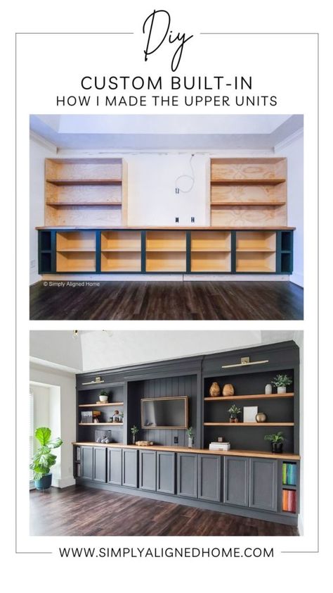 Homemade Built In Shelves, Built In Cabinet With Shelves Above, Faux Built In Cabinets, Diy Built In Entertainment Center Vaulted Ceiling, Home Depot Built In Cabinets, Custom Shelving Around Tv, Living Room Built Ins Diy, Lower Cabinets Only, Custom Cabinets Built Ins