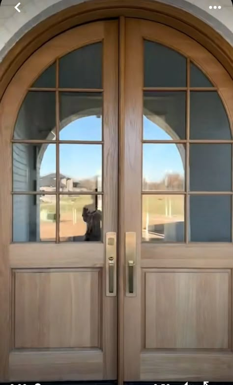 Spanish Double Front Doors, Double Door Entryway, All Season Room, Chestnut Wood, French Doors Exterior, Wood Arch, Double Door Design, Double Front Doors, House Aesthetic