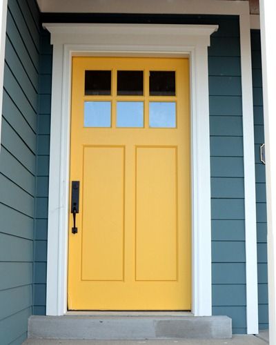 Yellow Front Door, Tan House, Yellow Front Doors, House Paint Color Combination, Yellow Door, Yellow Doors, Exterior Paint Colors For House, Yellow Houses, Front Door Colors