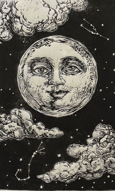 Vintage Moon Pictures, Full Moon Face Tattoo, Moon Woodcut, Full Moon Illustration, Art Deco Moon, Moon With Face, Moon Madness, Vintage Celestial, Water Witch