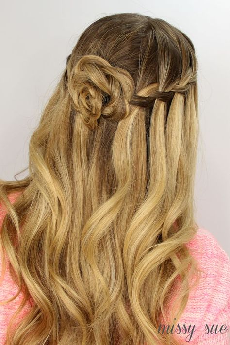 Waterfall Braid and Flower Bun Braided Rose Hairstyle, Waterfall Braid Hairstyle, Flower Bun, Gorgeous Braids, Flower Braids, Hair Romance, Waterfall Braid, Beautiful Braids, Rose Hair