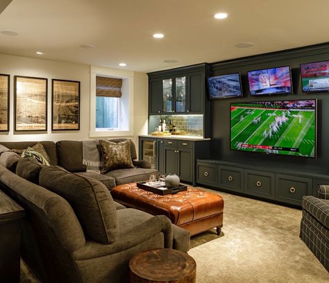 Underground Basement, Basement Tv Rooms, Transitional Basement, Bonus Room Design, Theater Room Design, Media Room Design, Basement Remodel Diy, Man Cave Room, Home Cinema Room