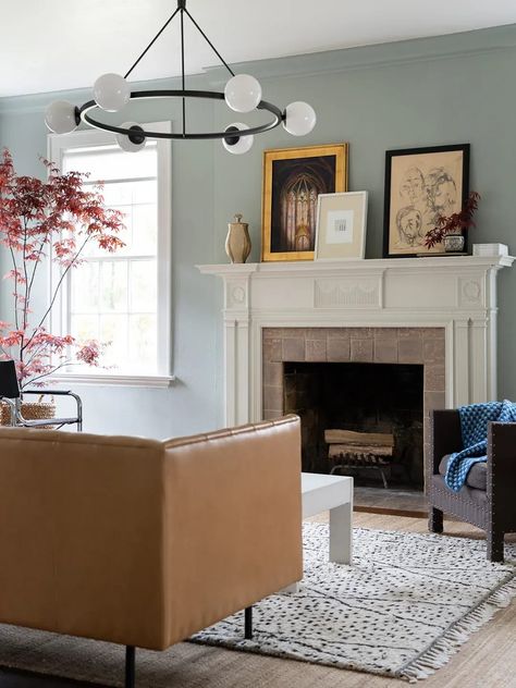 Pale Blue Living Room, Sky Blue Living Room, 1920s Tudor, Brown Leather Couch, White Molding, Living Room Setup, Brown Leather Sofa, Waco Texas, Dark Furniture