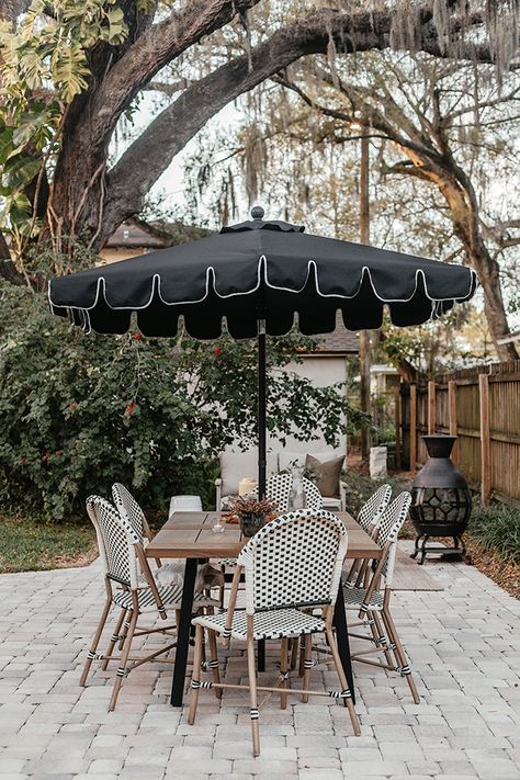 Budget-friendly French bistro-inspired outdoor dining with @bhglivebetter at Walmart French Bistro Chairs Outdoor Patio, Paver Patio Dining Area, Outdoor French Bistro Chairs, French Outdoor Kitchen, Backyard Bistro Area, French Patio Furniture, European Patio Ideas, Bistro Patio Ideas, French Outdoor Patio