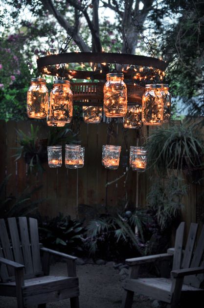 Mason Jar Lights, Lighting Landscape, Jar Chandelier, Mason Jar Chandelier, Diy Outdoor Lighting, Terrace Garden Design, Lights Hanging, Backyard Lighting, Jar Lights