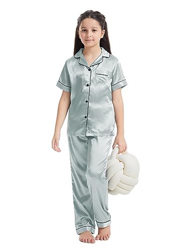 Veseacky Unisex Satin Pajamas Set Boys Girls Silk Pjs Short Sleeve 2 Piece Sleepwear Button-Down Kids Nightwear(4-13T) Girls Night Dress, Satin Pajamas Set, Silk Pjs, Classic Pajamas, Kids Nightwear, Silk Satin Fabric, Silk Pajama Set, Satin Pyjama Set, Satin Pajamas