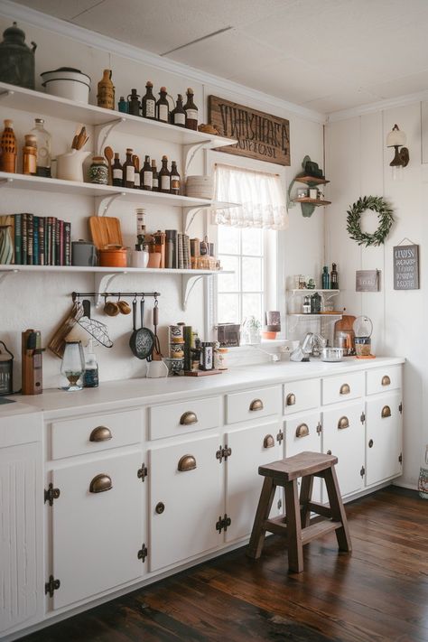 Apothecary Dining Room, Home Apothecary Storage, Apothecary Aesthetic Kitchen, Unfitted Kitchens, Kitchens With White Cabinets, Apothecary Kitchen, Witchy Cottage, Unfitted Kitchen, European Kitchen Cabinets