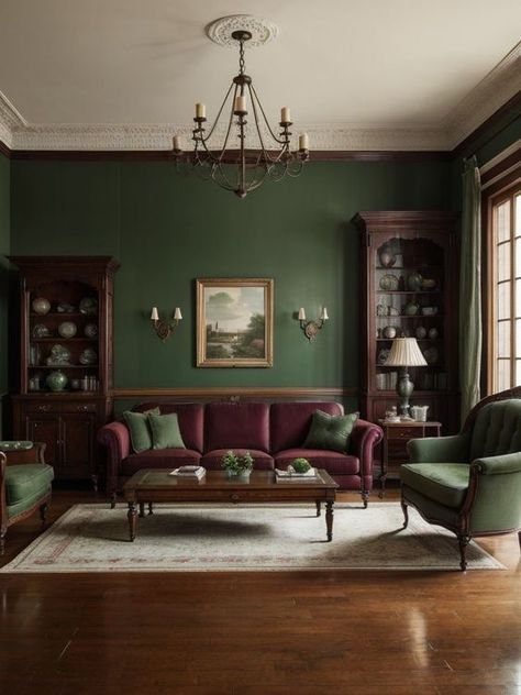 Dark Emerald Green Living Room, Green Room Vintage, Rosemary Green Living Room, Green And Burgundy Interior, Emerald Green Wall Paint Living Room, Burgundy Sitting Room Ideas, Emerald Green Room Inspiration, Green Vintage Bedroom Ideas, Green Antique Living Room