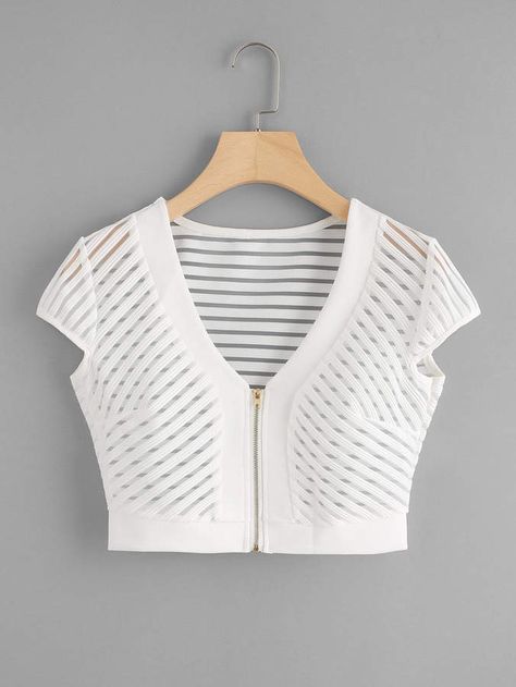 WOW JUST $9.99 - Stripe Mesh Zip Front Crop #Top! Blouse Designs High Neck, Best Blouse Designs, Saree Blouse Neck Designs, Indian Saree Blouses Designs, Ladies Blouse Designs, Front Crop Top, Unique Blouse Designs, Kurti Designs Party Wear, Casual Shirt Women