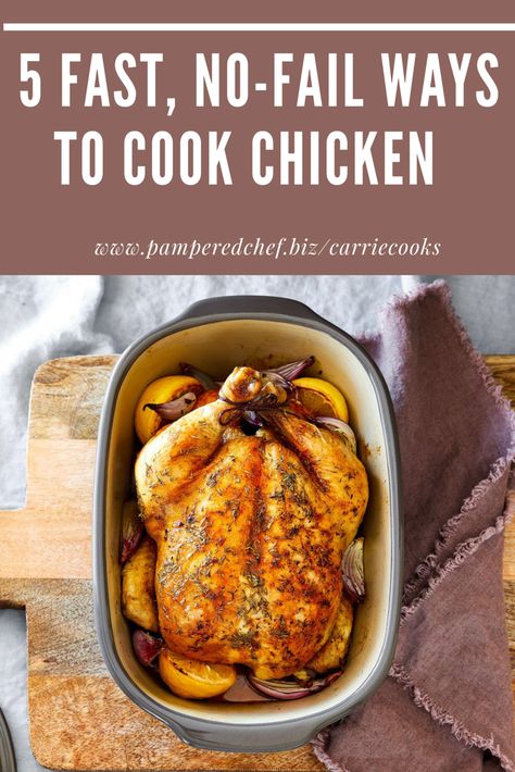 Because it’s lean, versatile, and delicious, lots of favorite recipes call for chicken. Instead of buying canned chicken or shelling out extra dough for a pre-cooked rotisserie chicken, here are easy ways to perfectly cook chicken in a microwave, slow cooker, pressure cooker, oven, or on the stove. Talk about winner, winner chicken dinner! Pampered Chef Roasted Chicken, Pampered Chef Roast Chicken Deep Covered Baker, Pre Cooked Chicken Recipes Easy, Microwave Chicken Recipes, Steam Chicken Recipe, Freezing Cooked Chicken, Cooking Stand, Pressure Cooker Recipes Chicken, Chef Dishes