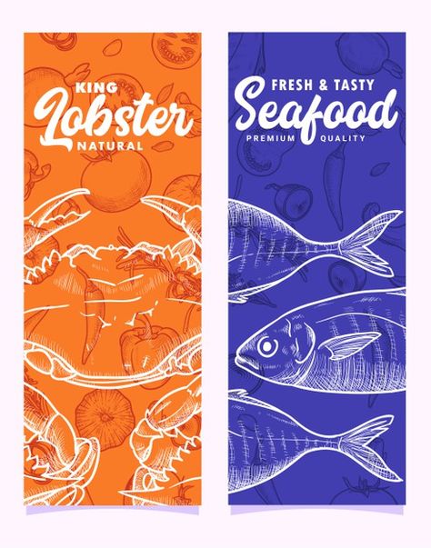 Seafood Graphic Design, Seafood Restaurant Design, Seafood Branding, Seafood Illustration, Seafood Design, Seafood Menu, Illustrator Design Tutorial, Graphic Design Cards, Food Logo Design