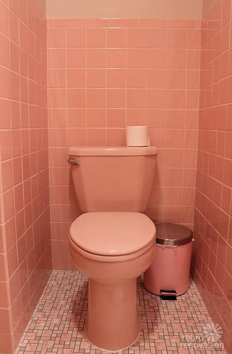 Kate designed and built a pink bathroom for her 1960s house -- here, she talks about her 12 favorite features of the bathroom. Pink Toilet Room, Bathroom Design Pink, Pink Bathroom Remodel, Black Bathrooms, Toilet And Bathroom, Tile Bathrooms, Retro Pink Bathroom, Colourful Bathroom, Pink Toilet