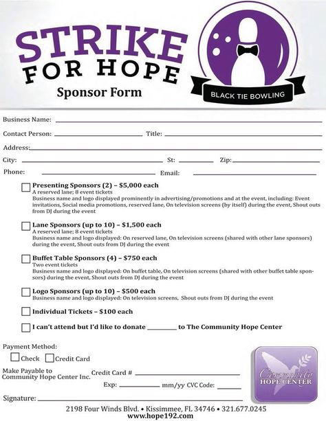 Would you, your business or group like to be a sponsor for our upcoming Strike for Hope - Black Tie Bowling Fundraiser at Splitsville - Disney Springs?   If so, feel free to print and return this sponsor package sheet or you can complete your sponsorship online here! https://commpreschurch.webconnex.com/Strike  #hope192 Bowling Fundraiser Ideas, Bowling Fundraiser, Fundraiser Ideas School, Tricky Tray, Relay Ideas, Bowling Tournament, Sponsorship Letter, Sponsorship Package, Pta Ideas