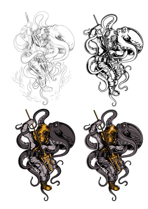 Deep Diver Tattoo, Poseidon Tattoos, Diver Tattoo, Kraken Tattoo, Trident Tattoo, Poseidon Tattoo, Dove Tattoos, Octopus Tattoo Design, Pirate Tattoo