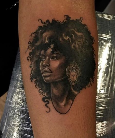 Natural Hair Tattoo Black Women, Curly Afro Tattoo, Natural Hair Tattoo, Afro Women Tattoo Ideas, African Goddess Tattoo Black Women Art, Afro Hair Tattoo, Afro Lady Tattoo, Afro Tattoo Ink Black Women, Black Woman With Afro Tattoo