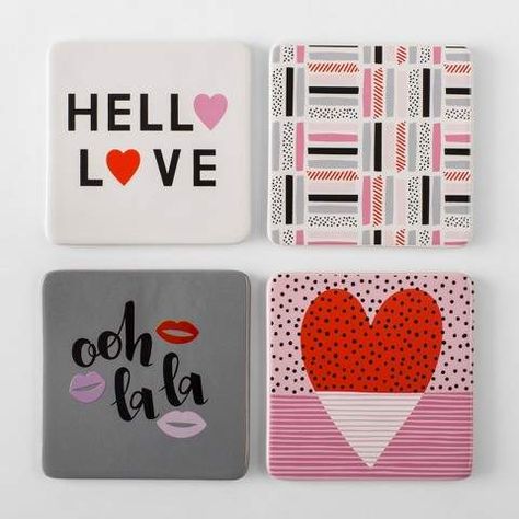 Valentine's Day Ceramic Tile Coasters @shopstyle Coaster Design Painted, Painted Valentines, Heart Ceramic, Coaster Art, Ceramic Tile Coaster, Wine Coasters, Diy Valentines Crafts, Pink Ceramic, Kids Party Decorations