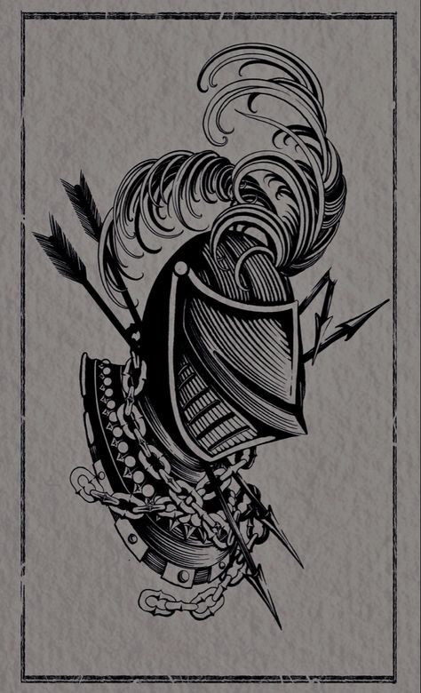 Medieval Tattoo Ideas Middle Ages, Neo Traditional Patchwork, Philosopher Tattoo, Mid Evil Tattoos, Skull Knight Tattoo, Knight Helmet Tattoo, Midevil Tattoos, Front Hip Tattoo, Knight Tattoo Design