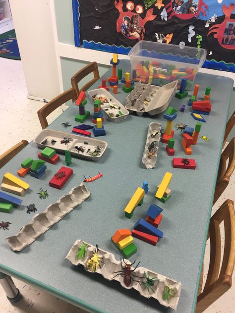 Spring Table Top Activities, Provocation Table Ideas, Pre K Provocations, Preschool Table Top Activities, Block Play Preschool, Kindergarten Invitations, Provocations Kindergarten, Bug Activity, Provocation Ideas