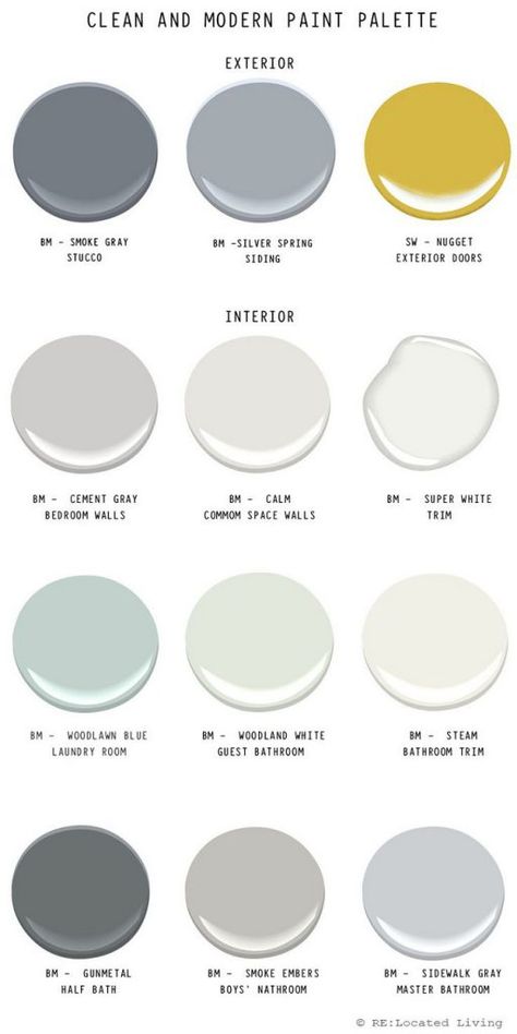 Modern Paint Palette. Exterior Paint Color Palette. Benjamin Moore Smoke Gray. Benjamin Moore Silver Spring. Benjamin Moore Nugget. Benjamin Moore Cement Gray. Benjamin Moore Calm. Benjamin Moore Super White. Benjamin Moore Woodlawn Blue. Benjamin Moore Woodland White. Benjamin Moore Steam. Benjamin Moore Gunmetal. Benjamin Moore Smoke Embers. Benjamin Moore Sidewalk Gray. #ModernPaintPalette #BenjaminMooreSmokeGray #BenjaminMooreSilverSpring #BenjaminMooreNugget #BenjaminMooreCementGray #Ben... Eames Design, White Wall Bedroom, Interior Paint Colors Schemes, Popular Paint Colors, Revere Pewter, Interior Painting, Interior Paint Colors, Exterior Paint Colors, Decoration Inspiration