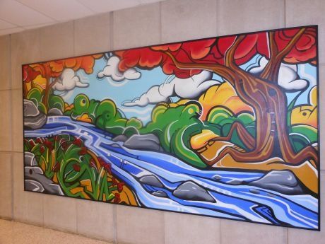 Mural Idea Art Room Mural Ideas, Painting Ideas On Canvas Big, Canvas Body Art, School Murals Highschool, High School Murals, High School Mural, School Mural Ideas, Big Painting Ideas, River Mural