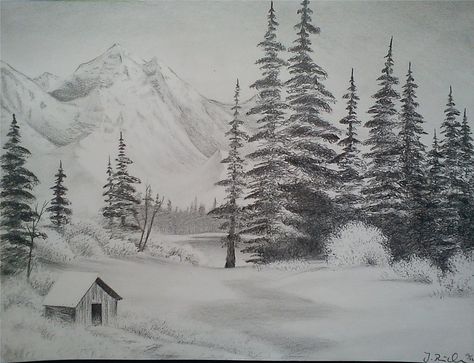 Pencil Sketches Landscape, Easy Pencil Drawings, Beginners Landscaping, Landscape Pencil Drawings, Winter Drawings, Mountain Drawing, Pencil Sketch Drawing, Landscape Sketch, Easy Art Projects