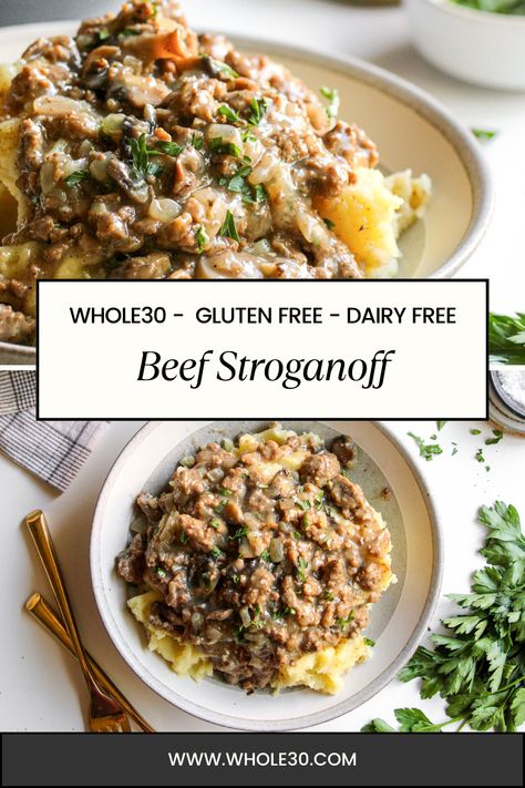 This budget-friendly Whole30 Beef Stroganoff is the perfect 30-minute meal for busy weeknights when you want something delicious without the hassle. Whole 30 Stroganoff, Whole 30 Hamburger Casserole, Whole30 Beef Stroganoff, Whole30 Casserole Dinners, Grain Free Meals Clean Eating, Whole 30 Beef Stroganoff, Beef Dairy Free Recipes, Gf Beef Stroganoff, Whole 30 Recipes Beef