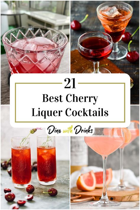 Collage of 4 cherry liquer cocktails. Dr Mcgillicuddy Recipes Cherry, Cherry Liqueur Recipe, Cherry Whiskey Paralyzer, Cherry Pie Cocktail, Cherry Dr Mcgillicuddy Drinks, Cherry Liquor Cocktails, Cherry Liquor Recipes, Cherry Brandy Cocktails, Cherry Liqueur Cocktails