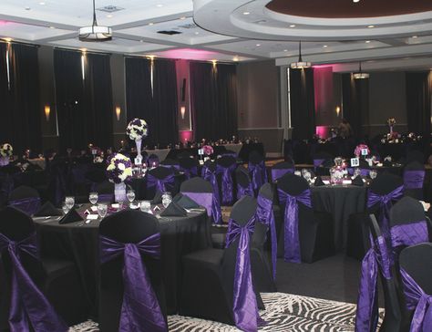 Purple And Black Wedding Venues, Black Navy Purple Wedding, Black And Purple Reception Ideas, Black And Amethyst Wedding, Black Purple Wedding Decor, Wedding Dresses Black And Purple, Wedding Ideas Black And Purple, Purple Silver And Black Wedding Ideas, Black And Purple Wedding Aesthetic