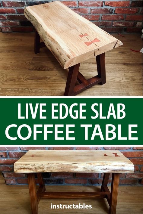 This live edge slab coffee table has bow tie accents on the surface.  #Instructables #workshop #woodshop #woodworking #carpentry #furniture Diy Live Edge Coffee Table, Live Edge Coffee Table Diy, Live Edge Table Diy, Live Edge Projects, Coffee Table Live Edge Wood, Live Edge Wood Projects, Finishing Live Edge Wood Diy, Diy Benches, Custom Bed Frame