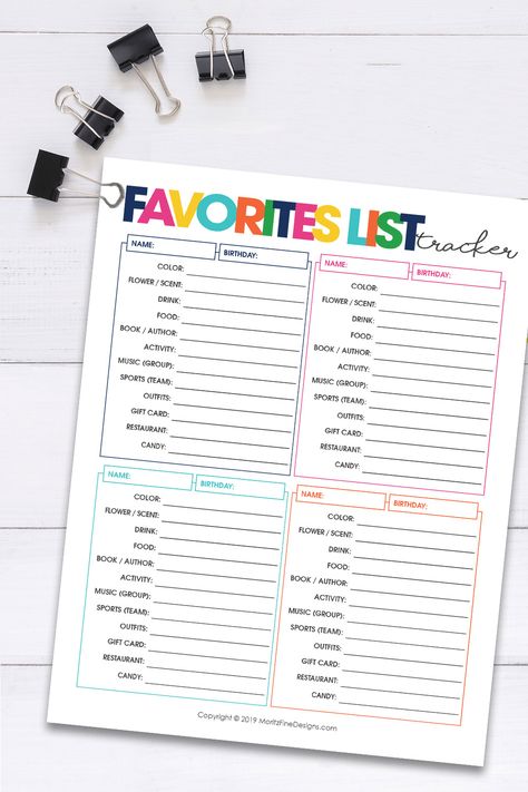 Do you have a hard time deciding what to Gift your family & friends? If you know know what they love it seems impossible to find the right gift. Use the free printable Favorites List Tracker to keep track of all of family and friends favorite things! #giftideas #favoriteslisttracker #favoriteslistprintable #favoritethings #freeprintable Favorites Questionnaire, Tracker Free Printable, Life Management Binder, Favorite Things Party, Tracker Free, Flower Scent, Birthday Name, Planner Printables Free, Favorites List