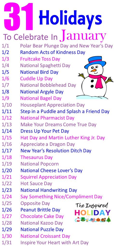 31 Holidays to celebrate in January. Make January even more festive with these wacky and silly #thingstodoinjanuary #januaryholidays #wackyholidays January Holidays Calendar, January Days To Celebrate, January Activities For Senior Citizens, January 1st Traditions, Daily Holidays Calendar, National Days In January 2024, 2023 Holiday Calendar, Ways To Celebrate January, January Post Ideas