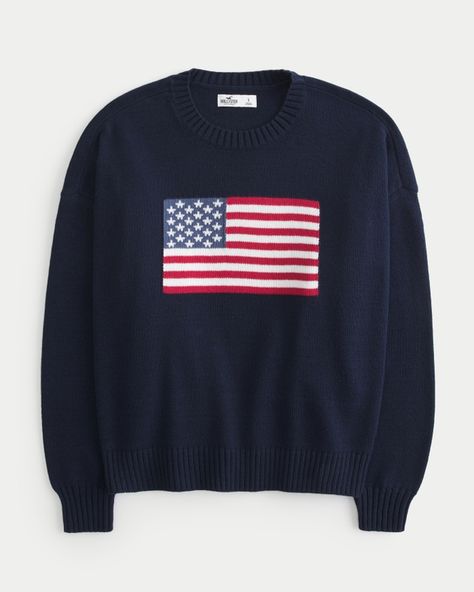 Cute Outfits For 7th Grade, Brown Cable Knit Sweater, Hollister Clothes, Usa Sweater, American Flag Sweater, Hollister Sweater, White Knit Sweater, Ladies Turtleneck Sweaters, 4th Of July Outfits