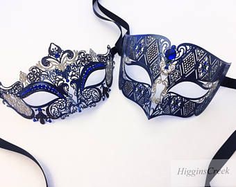 Navy Blue Couples Masquerade Mask Set, Black Venetian Couples Matching masks pair Vintage Carnaval, Blue Masquerade Mask, Masquerade Mask Black, Ball Event, Masquerade Ball Masks, Couples Masquerade Masks, Makeup At Home, Metal Mask, Ball Mask